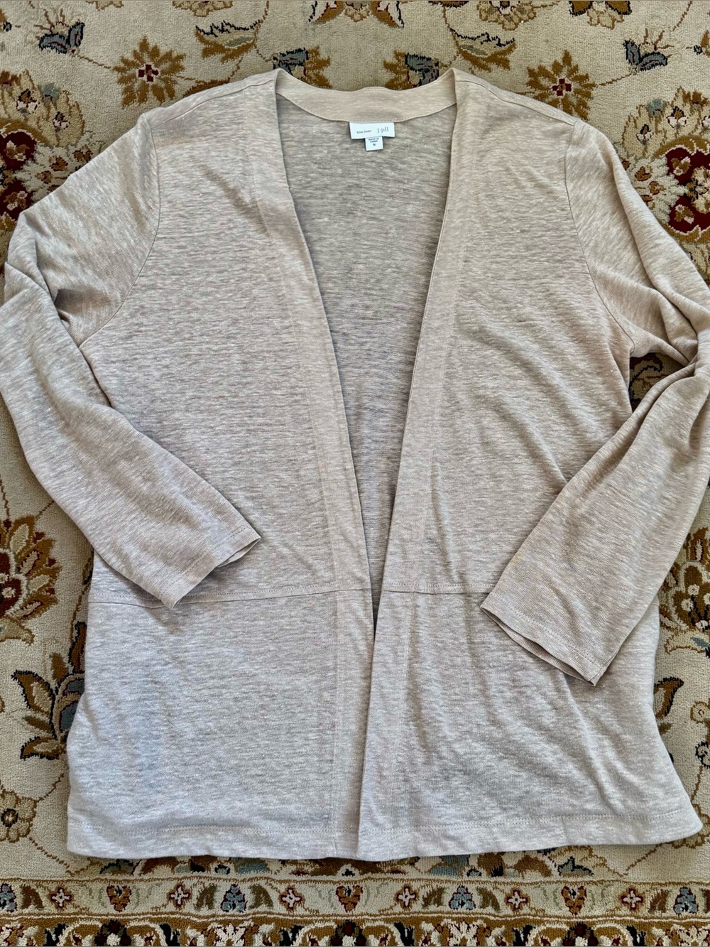 Oversized J. Jill 100% Linen Slub Knit Open Front Oatmeal Cardigan Pockets M/L